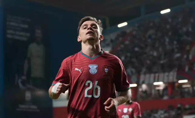 Portugal's Francisco Conceicao celebrates after scoring during an international friendly soccer match between Portugal and Nigeria in Leiria, Portugal, Wednesday, June 10, 2026. (AP Photo/Ana Brigida)
