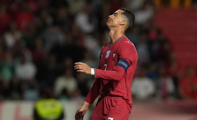 Portugal's Cristiano Ronaldo reacts during an international friendly soccer match between Portugal and Nigeria in Leiria, Portugal, Wednesday, June 10, 2026. (AP Photo/Armando Franca)