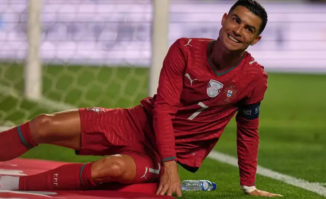 Portugal's Cristiano Ronaldo reacts during an international friendly soccer match between Portugal and Nigeria in Leiria, Portugal, Wednesday, June 10, 2026. (AP Photo/Armando Franca)