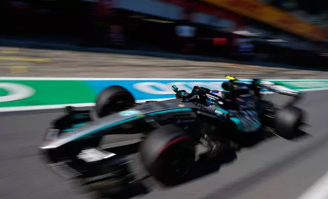 Mercedes driver George Russell of Britain steers his car during the qualifying session ahead of the Austrian F1 Grand Prix, in Spielberg, Austria, Saturday, June 27, 2026. (AP Photo/Darko Bandic/Pool)