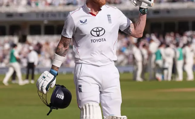 England's Ben Stokes walks off after being caught by New Zealand's Daryl Mitchell on day four of the Third Test cricket match between England and New Zealand, in Nottingham, England, Sunday June 28, 2026. (Joe Giddens/PA via AP)