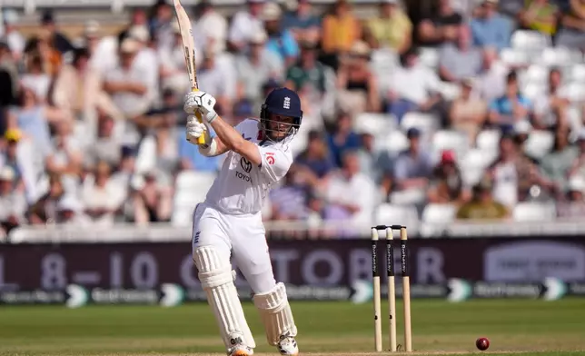England's Ben Stokes batting on day four of the Third cricket Test between England and New Zealand in Nottingham, England, Sunday, June 28, 2026. (Joe Giddens/PA via AP)