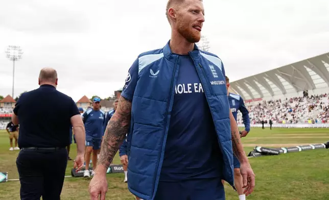 England's Ben Stokes walks in dejection as they lose the series against New Zealand on day five of the Third Cricket Test at Trent Bridge Cricket Ground, Nottingham, England, Monday June 29, 2026. (Jacob King/PA via AP)