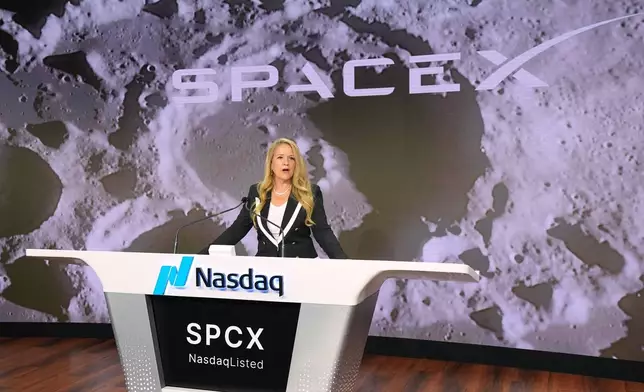 Gwynne Shotwell, President and COO of SpaceX speaks during a bell ringing ceremony for the IPO of SpaceX at the Nasdaq MarketSite in New York, Friday, June 12, 2026, in New York. (AP Photo/Frank Franklin II)