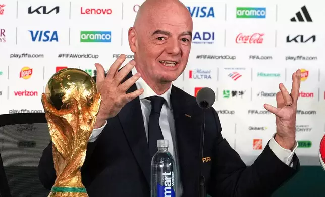 FIFA President Gianni Infantino speaks during a news conference at the stadium in Mexico City, Wednesday, June 10, 2026, a day before the opening FIFA World Cup match between Mexico and South Africa. (AP Photo/Eduardo Verdugo)