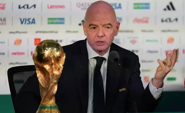FIFA President Gianni Infantino speaks during a news conference at the stadium in Mexico City, Wednesday, June 10, 2026, a day before the opening FIFA World Cup match between Mexico and South Africa. (AP Photo/Eduardo Verdugo)