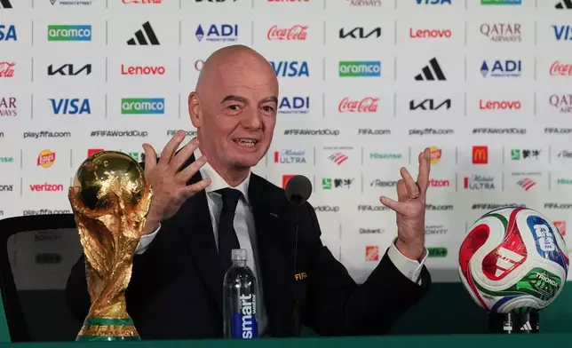 FIFA President Gianni Infantino speaks during a news conference at the stadium in Mexico City, Wednesday, June 10, 2026, a day before the opening FIFA World Cup match between Mexico and South Africa. (AP Photo/Eduardo Verdugo)