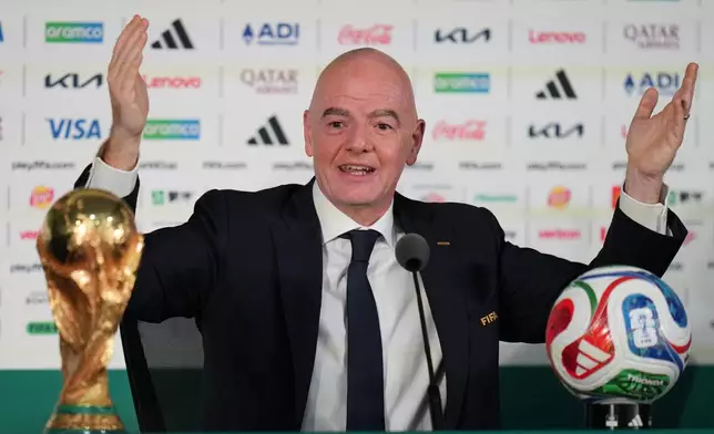 FIFA President Gianni Infantino speaks during a news conference at the stadium in Mexico City, Wednesday, June 10, 2026, a day before the opening FIFA World Cup match between Mexico and South Africa. (AP Photo/Eduardo Verdugo)