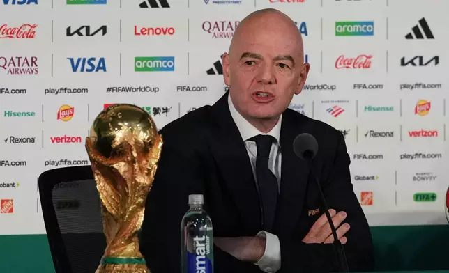 FIFA President Gianni Infantino speaks during a news conference at the stadium in Mexico City, Wednesday, June 10, 2026, a day before the opening FIFA World Cup match between Mexico and South Africa. (AP Photo/Eduardo Verdugo)