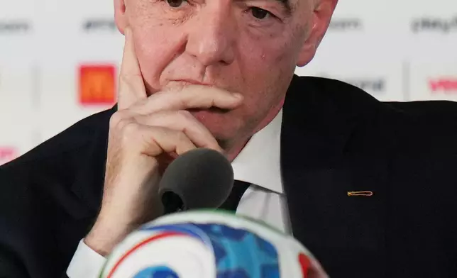 FIFA President Gianni Infantino speaks holds a news conference at the stadium in Mexico City, Wednesday, June 10, 2026, a day before the opening FIFA World Cup match between Mexico and South Africa. (AP Photo/Eduardo Verdugo)
