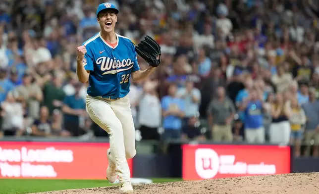 Milwaukee Brewers' Jacob Misiorowski reacts after recording the final out during the ninth inning of a baseball game against the Philadelphia Phillies, Friday, June 12, 2026, in Milwaukee. (AP Photo/Aaron Gash)