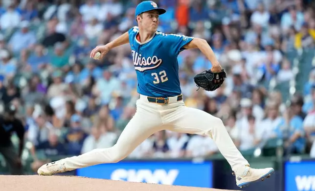 Milwaukee Brewers' Jacob Misiorowski pitches during the first inning of a baseball game against the Philadelphia Phillies, Friday, June 12, 2026, in Milwaukee. (AP Photo/Aaron Gash)