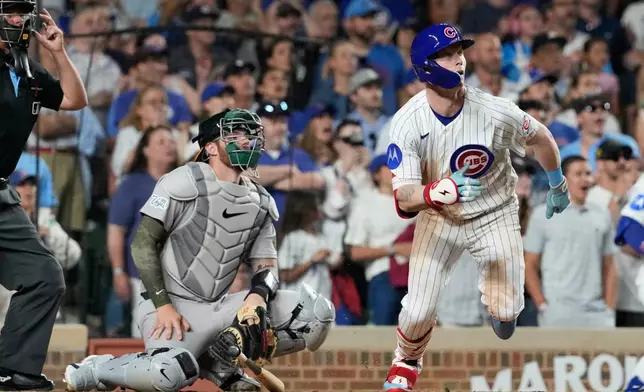 Chicago Cubs' Pete Crow-Armstrong watches after hitting the game-winning one-run single during the ninth inning of a baseball game against the Athletics in Chicago, Thursday, June 4, 2026. (AP Photo/Nam Y. Huh)