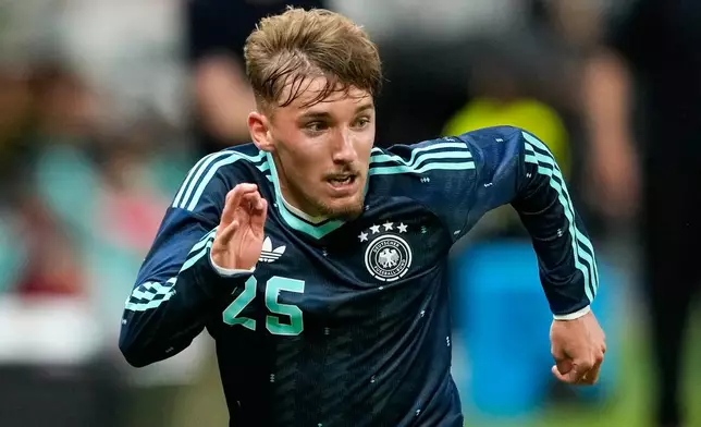 FILE_ Germany's Lennart Karl,in action during the friendly soccer match between Germany and Finland in Mainz, Germany, Sunday, May 31, 2026. (AP Photo/Michael Probst, File)