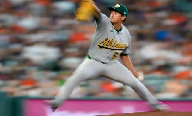 Athletics starting pitcher Gage Jump throws to the Houston Astros during the second inning of a baseball game, Sunday, June 7, 2026, in Houston. (AP Photo/Eric Christian Smith)