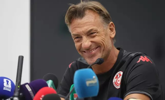 Hervé Renard speaks during a news conference, Tuesday, June 16, 2026, in Santiago, near Monterrey, Mexico, after being named the new coach for Tunisia's World Cup soccer team (AP Photo/Sofia Yaker)