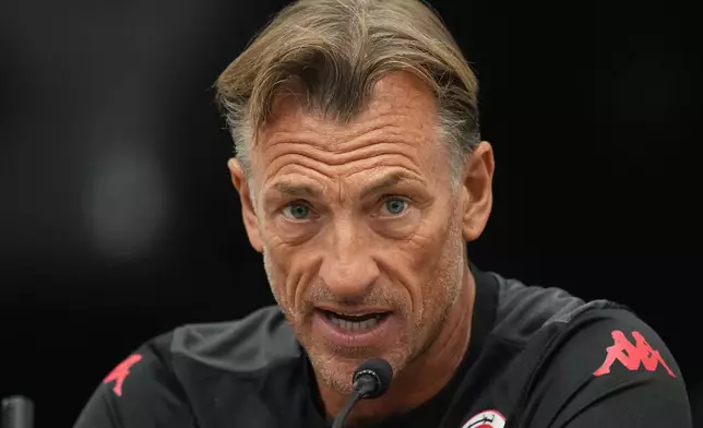 Hervé Renard speaks during a news conference, Tuesday, June 16, 2026, in Santiago Nuevo Leon, near Monterrey, Mexico, after being named the new coach for Tunisia's World Cup soccer team. (AP Photo/Dolores Ochoa)