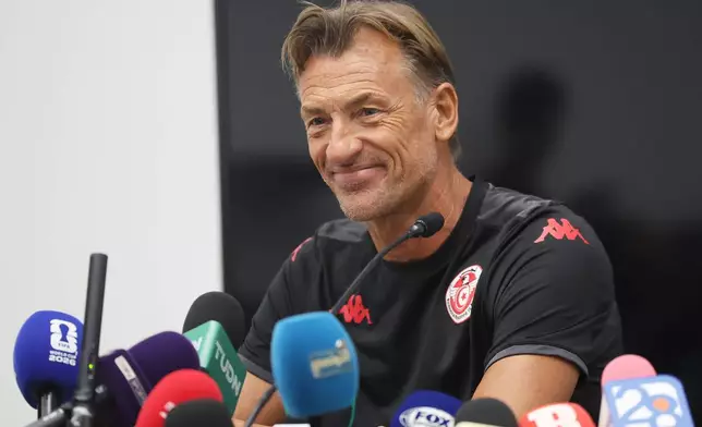 Hervé Renard speaks during a news conference, Tuesday, June 16, 2026, in Santiago, near Monterrey, Mexico, after being named the new coach for Tunisia's World Cup soccer team (AP Photo/Sofia Yaker)