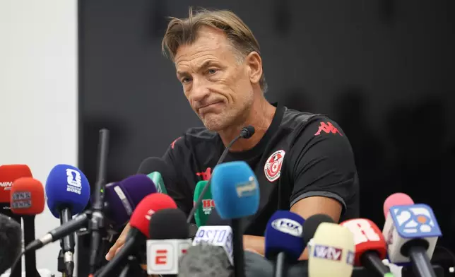 Hervé Renard speaks during a news conference, Tuesday, June 16, 2026, in Santiago, near Monterrey, Mexico, after being named the new coach for Tunisia's World Cup soccer team (AP Photo/Sofia Yaker)