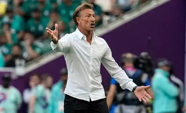FILE - Saudi Arabia's head coach Herve Renard reacts during the World Cup group C soccer match between Argentina and Saudi Arabia in Lusail, Qatar, Nov. 22, 2022. (AP Photo/Natacha Pisarenko, File)