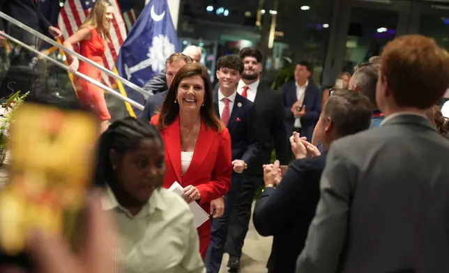 South Carolina Lt. Gov. Pamela Evette arrives to speak at an election night watch party after advancing to a GOP primary runoff in the governor's race on Tuesday, June 9, 2026, in Greenville, S.C. (AP Photo/Meg Kinnard)