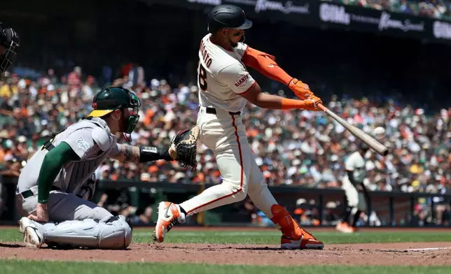 San Francisco Giants' Victor Bericoto (78) hits a two-run home run in front of Athletics catcher Jonah Heim (15) during the sixth inning of a baseball game in San Francisco, Thursday, June 25, 2026. (AP Photo/Jed Jacobsohn)