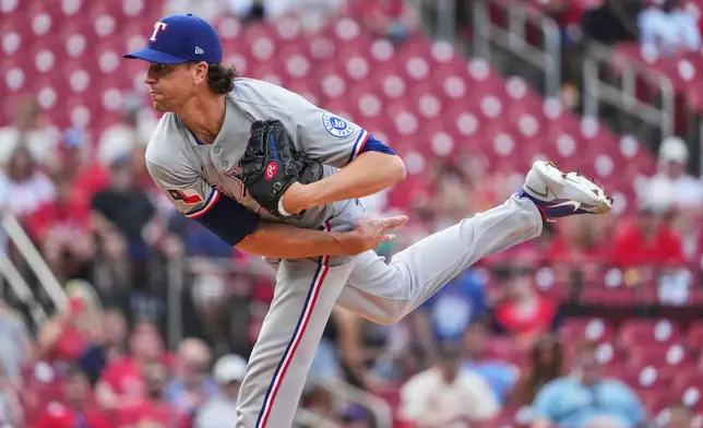 Texas Rangers starting pitcher Jacob DeGrom throws during the first inning of a baseball game against St. Louis Cardinals Monday, June 1, 2026, in St. Louis. (AP Photo/Jeff Roberson)