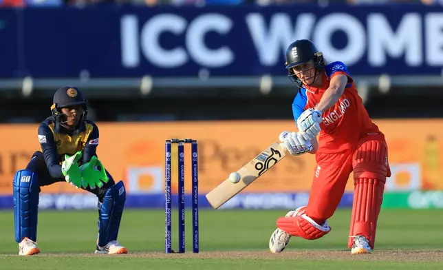 England's Nat Sciver-Brunt bats during the ICC Women's T20 World Cup, Group 2 match between England and Sri Lanka, at Edgbaston, Birmingham, England, Friday June 12, 2026. (Nigel French/PA via AP)