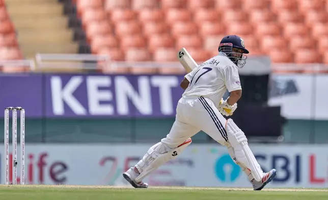 India's Rishabh Pant bats on day two of the cricket test match between Afghanistan and India in New Chandigarh, India, Sunday, June 7, 2026. (AP Photo/Ashwini Bhatia)