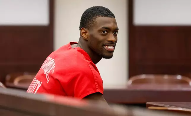 Terrion Arnold, a Detroit Lions cornerback, takes his seat before his pretrial detention hearing at the Hillsborough County Courthouse on Monday, June 29, 2026, in Tampa, Fla. (Jefferee Woo/Tampa Bay Times via AP)