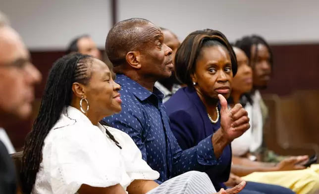 Friends and family members of Terrion Arnold, a Detroit Lions cornerback, react, when bond is set for him during his pretrial detention hearing at the Hillsborough County Courthouse on Monday, June 29, 2026, in Tampa, Fla. (Jefferee Woo/Tampa Bay Times via AP)