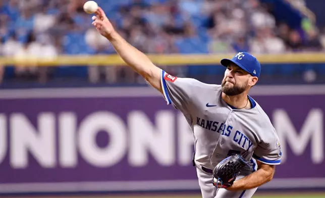Kansas City Royals pitcher Michael Wacha throws during the fifth inning of a baseball game against the Tampa Bay Rays, Monday, June 22, 2026, in St. Petersburg, Fla. (AP Photo/Jason Behnken)