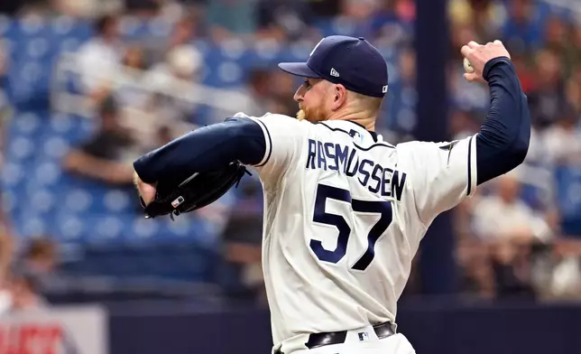 Tampa Bay Rays pitcher Drew Rasmussen throws during the first inning of a baseball game against the Kansas City Royals Monday, June 22, 2026, in St. Petersburg, Fla. (AP Photo/Jason Behnken)