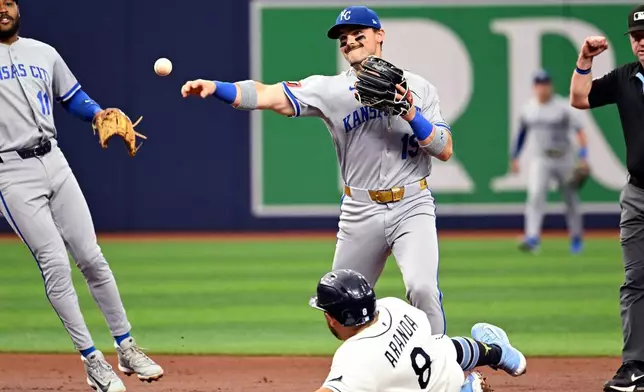 Tampa Bay Rays' Jonathan Aranda (8) is out at second as Kansas City Royals second baseman Michael Massey (19) turns a double play during the first inning of a baseball game, Monday, June 22, 2026, in St. Petersburg, Fla. (AP Photo/Jason Behnken)