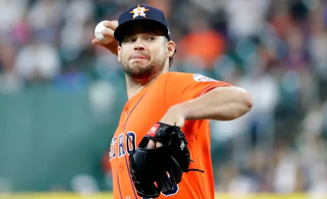 Houston Astros starting pitcher Peter Lambert throws against the Athletics during the first inning of a baseball game Friday, June 5, 2026, in Houston. (AP Photo/Michael Wyke)