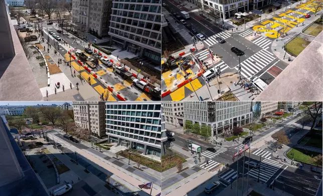This combination of images shows Black Lives Matter plaza on 16th Street, NW, near the White House on March 10, 2025, top, as work was beginning to remove signage and markings, and on April 1, 2025, after the work was completed. (AP Photo)