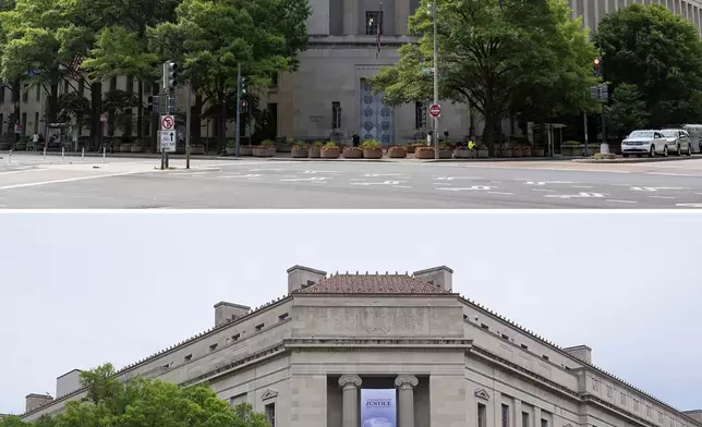 FILE - This photo combination shows the Robert F. Kennedy Department of Justice Building, June 9, 2023, and a banner featuring an image of President Donald Trump hanging on the building, May 27, 2026. in Washington. (AP Photo/Alex Brandon, Matt Rourke, file)