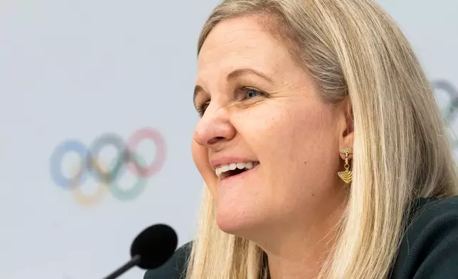 International Olympic Committee (IOC) President Kirsty Coventry speaks during a press conference at the end of the first day of the 146th Session of the IOC at the SwissTech Convention Centre, in Lausanne, Switzerland, Wednesday, June 24, 2026. (Cyril Zingaro/Keystone via AP)