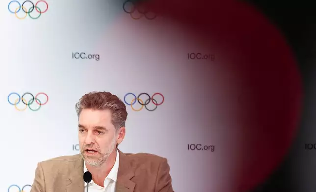 Chair of the International Olympic Committee (IOC) Athletes' Commission Pau Gasol speaks during a press conference at the end of the first day of the 146th Session of the International Olympic Committee (IOC) at the SwissTech Convention Centre, in Lausanne, Switzerland, Wednesday, June 24, 2026. (Cyril Zingaro/Keystone via AP)