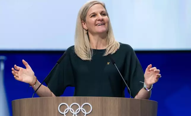 International Olympic Committee (IOC) President Kirsty Coventry, speaks during the 146th Session of the International Olympic Committee (IOC) at the SwissTech Convention Centre, in Lausanne, Switzerland, Wednesday, June 24, 2026. (Cyril Zingaro/Keystone via AP)