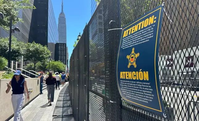 Security fencing is set up outside of Madison Square Garden in New York, Monday, June 8, 2026, as President Donald Trump is set to attend Game 3 of the NBA Finals basketball series between the New York Knicks and the San Antonio Spurs. (AP Photo/Ted Shaffrey)