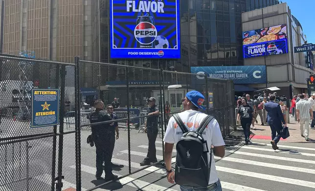 Security is set up outside of Madison Square Garden in New York, Monday, June 8, 2026, as President Donald Trump is set to attend Game 3 of the NBA Finals basketball series between the New York Knicks and the San Antonio Spurs. (AP Photo/Ted Shaffrey)