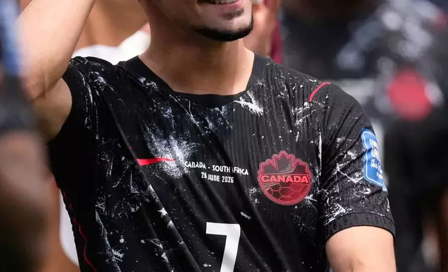 Canada's Stephen Eustaquio walks off the field after scoring the winning goal against South Africa in a World Cup Round of 32 soccer match in Inglewood, Calif., near Los Angeles, Sunday, June 28, 2026. (AP Photo/Mark J. Terrill)