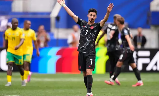 Canada's Stephen Eustaquio (7) celebrates after the World Cup round of 32 soccer match between South Africa and Canada in Inglewood, Calif., near Los Angeles, Sunday, June 28, 2026. (AP Photo/Mark J. Terrill)