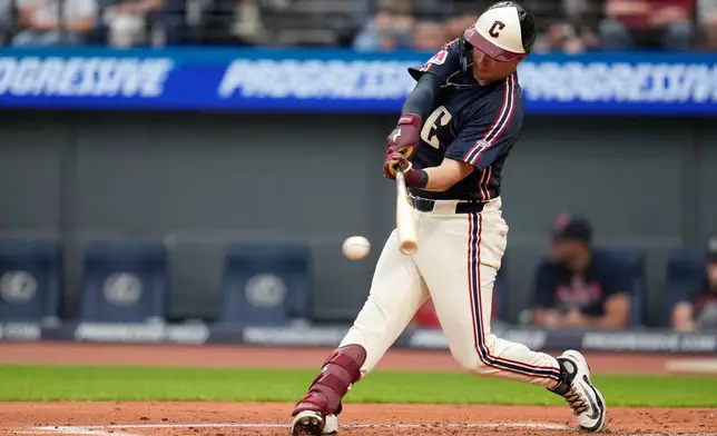 Cleveland Guardians' Cooper Ingle grounds out in the first inning of a baseball game against tghe Seattle Mariners in Cleveland, Friday, June 26, 2026. (AP Photo/Sue Ogrocki)