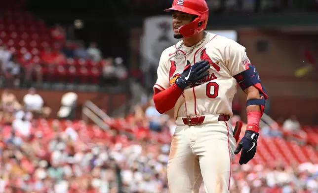 St. Louis Cardinals' Masyn Winn reacts after hitting a two-run single against the Cincinnati Reds during the second inning of a baseball game Saturday, June 6, 2026, in St. Louis. (AP Photo/Jeff Le)