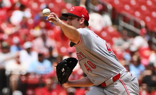Cincinnati Reds pitcher Nick Lodolo delivers during the first inning of a baseball game against the St. Louis Cardinals, Saturday, June 6, 2026, in St. Louis. (AP Photo/Jeff Le)