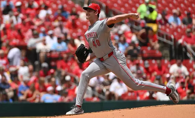 Cincinnati Reds pitcher Nick Lodolo delivers against the St. Louis Cardinals during the first inning of a baseball game Saturday, June 6, 2026, in St. Louis. (AP Photo/Jeff Le)