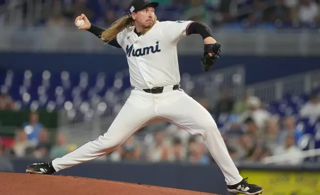 Miami Marlins starting pitcher Lake Bachar aims a pitch during the first inning of a baseball game against the Tampa Bay Rays Saturday, June 6, 2026, in Miami. (AP Photo/Marta Lavandier)
