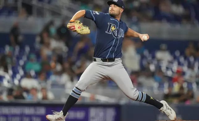 Tampa Bay Rays starting pitcher Shane McClanahan aims a pitch during the second inning of a baseball game against the Miami Marlins Saturday, June 6, 2026, in Miami. (AP Photo/Marta Lavandier)